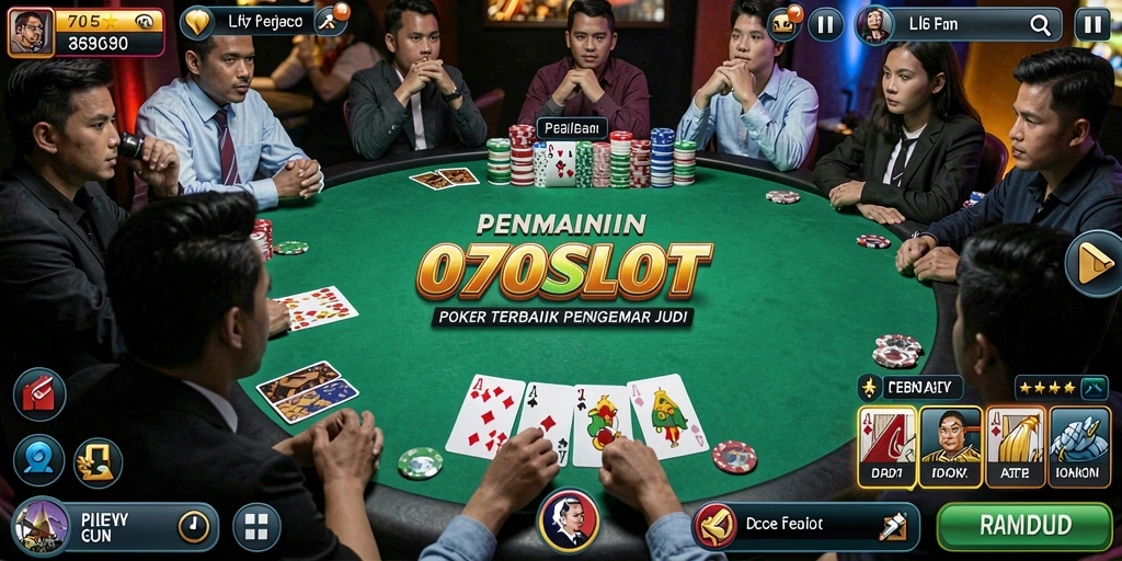 Tampilan screenshot utama 070SLOT menunjukkan permainan Poker yang menegangkan.