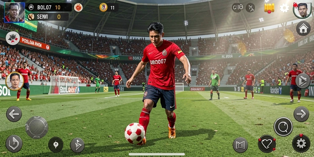 Screenshot utama BOLA07 menampilkan laga sengit di lapangan sepak bola.