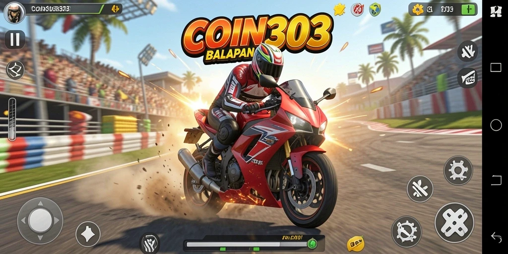 Screenshot utama COIN303 menampilkan aksi seru balapan motor.