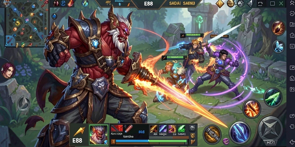 Tampilan gameplay seru dari E88 dalam pertarungan MOBA.