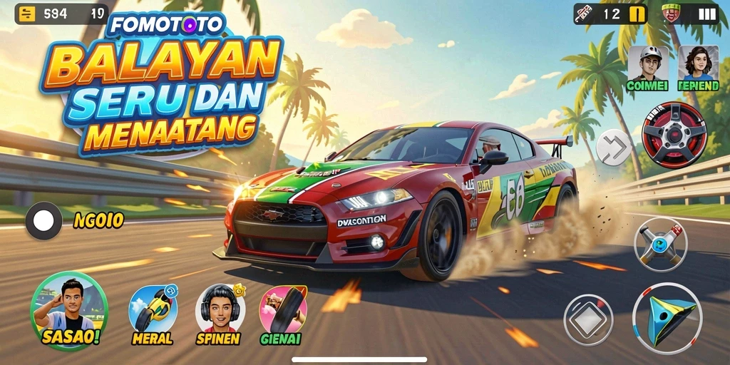 Screenshot gameplay FOMOTOTO menampilkan aksi balapan yang mendebarkan.