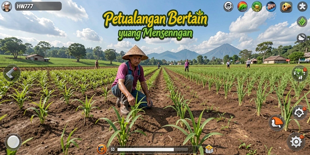 Screenshot gameplay HW777 menunjukkan pengalaman bertani yang menarik.