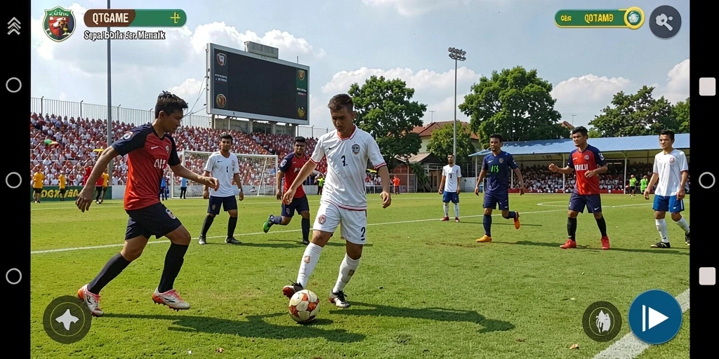 Screenshot gameplay QTGAME dengan aksi seru dari pertandingan sepak bola.
