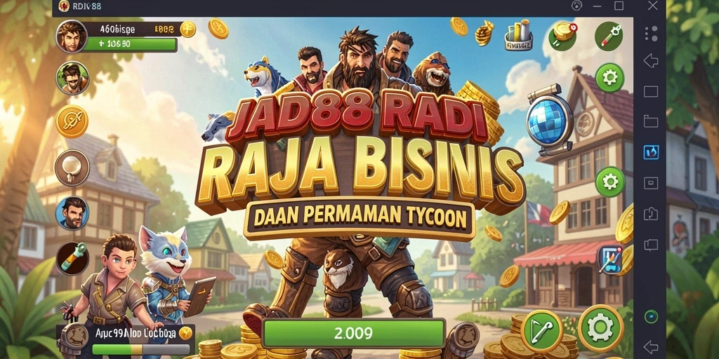 Tampilan gameplay RDI88 yang menampilkan pembangunan kerajaan bisnis.