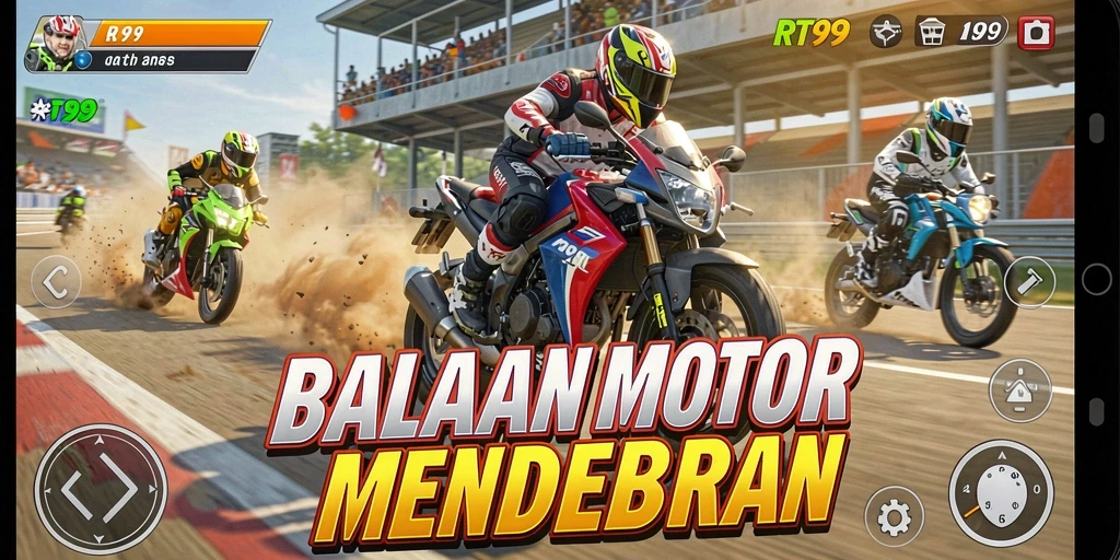 Screenshot RT99 menampilkan aksi balap motor yang seru dan mendebarkan.