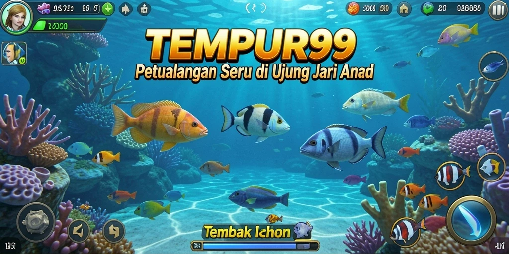 Screenshot gameplay TEMPUR99 menunjukkan aksi menangkap ikan yang seru.