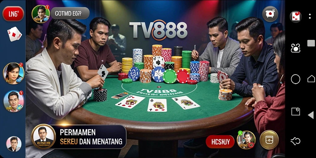 Screenshot TV888 menampilkan gameplay Poker yang intens dan menarik.